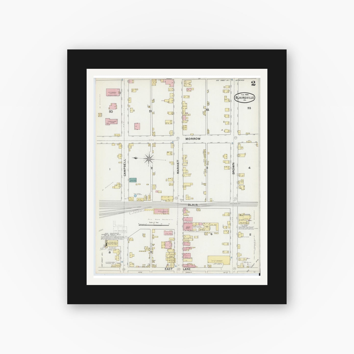 Old map wall art mockup — black gallery frame with white mat — Sanborn Fire Insurance Map from Blairsville, Indiana County, Pennsylvania (1892), Sheet #0002