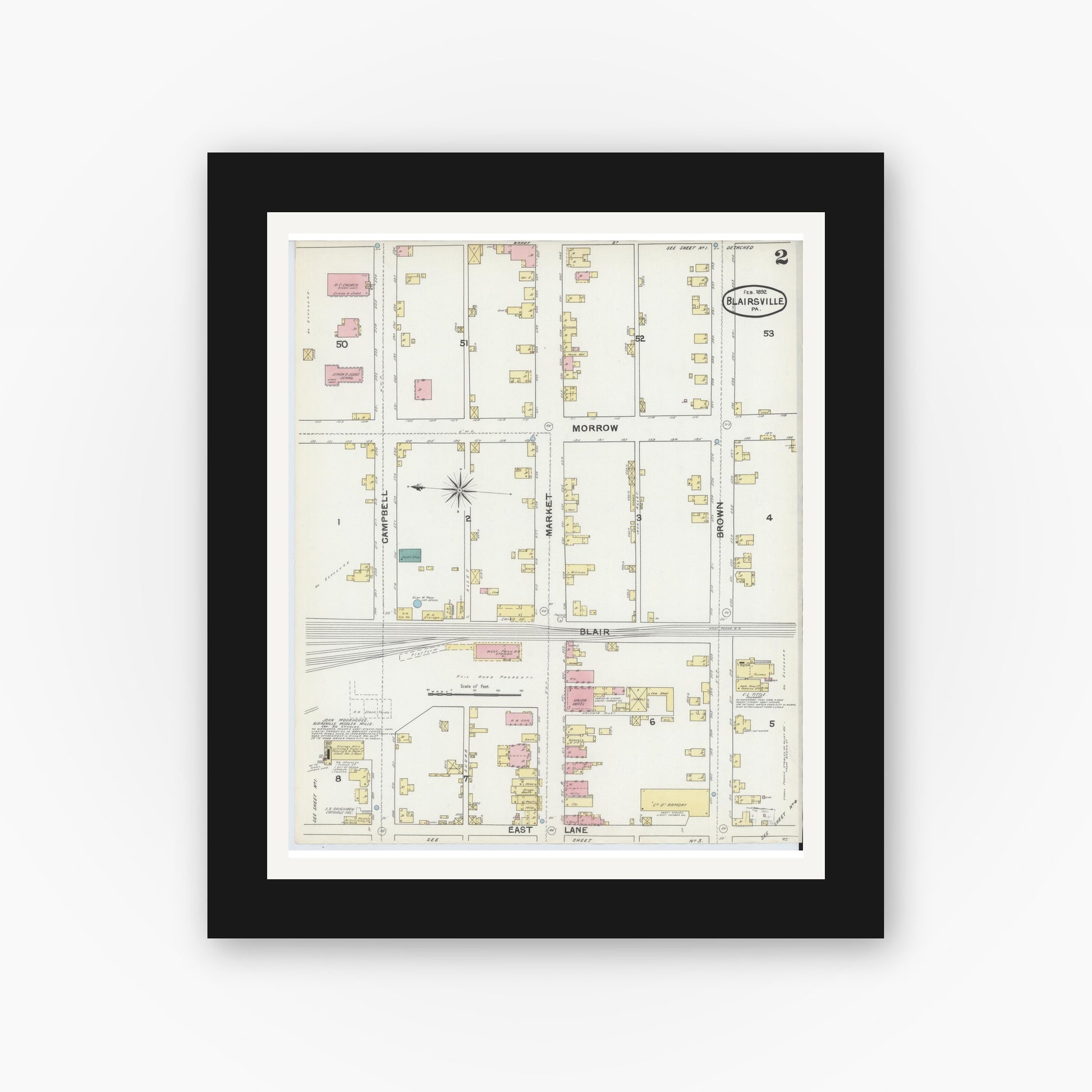 Old map wall art mockup — black gallery frame with white mat — Sanborn Fire Insurance Map from Blairsville, Indiana County, Pennsylvania (1892), Sheet #0002
