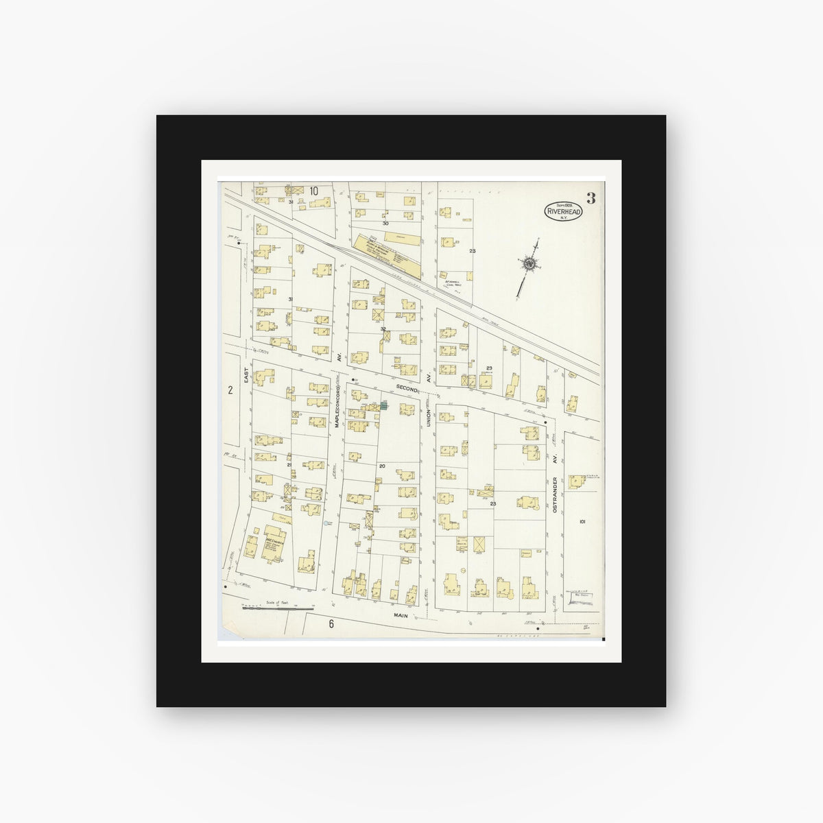 Old map wall art mockup — black gallery frame with white mat — Sanborn Fire Insurance Map from Riverhead, Suffolk County, New York (1909), Sheet #0003