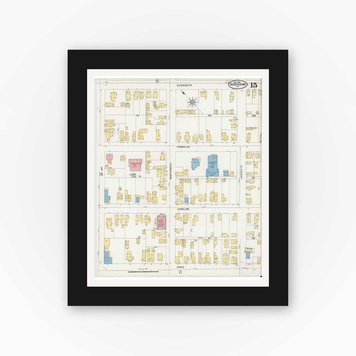 Old map wall art mockup — black gallery frame with white mat — Sanborn Fire Insurance Map from Ogdensburg, St. Lawrence County, New York (1904), Sheet #0015