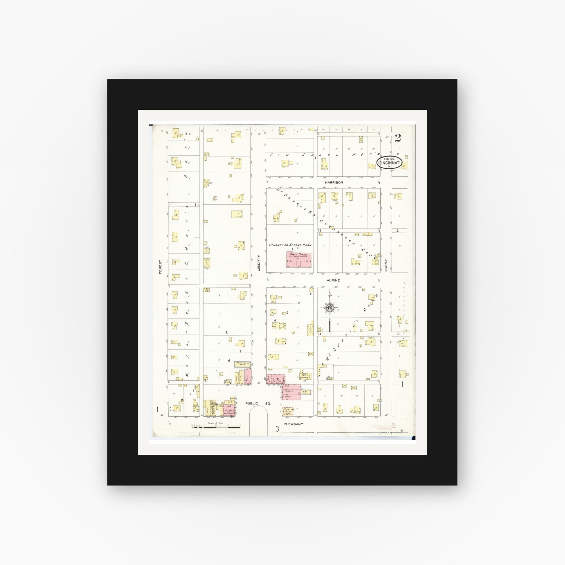 Old map wall art mockup — black gallery frame with white mat — Sanborn Fire Insurance Map from Cincinnati, Appanoose County, Iowa (1913), Sheet #0002