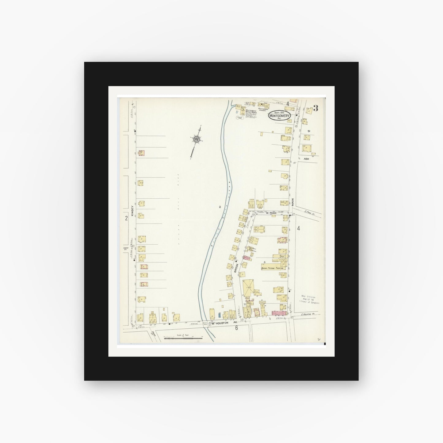 Old map wall art mockup — black gallery frame with white mat — Sanborn Fire Insurance Map from Montgomery, Lycoming County, Pennsylvania (1912), Sheet #0003