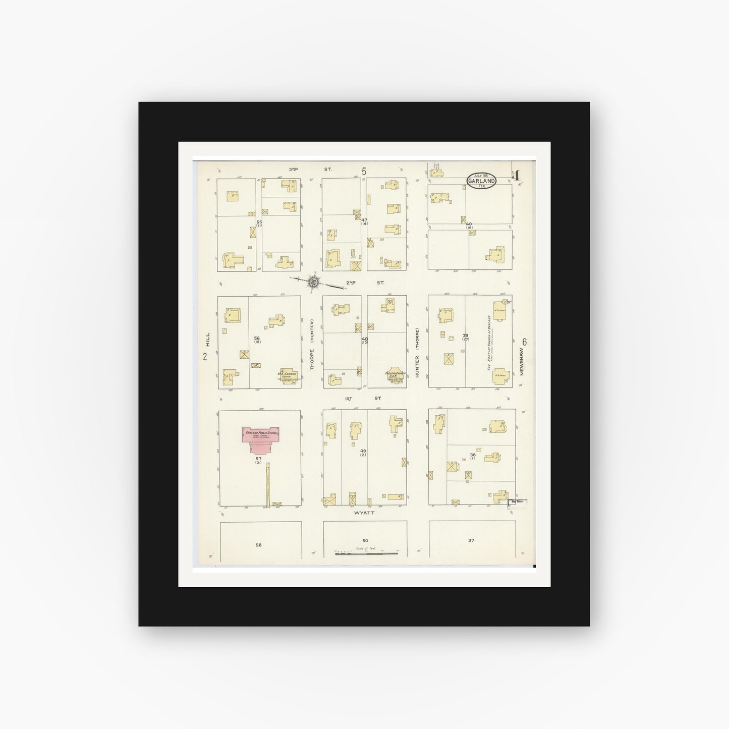 Old map wall art mockup — black gallery frame with white mat — Sanborn Fire Insurance Map from Garland, Dallas County, Texas (1915), Sheet #0004
