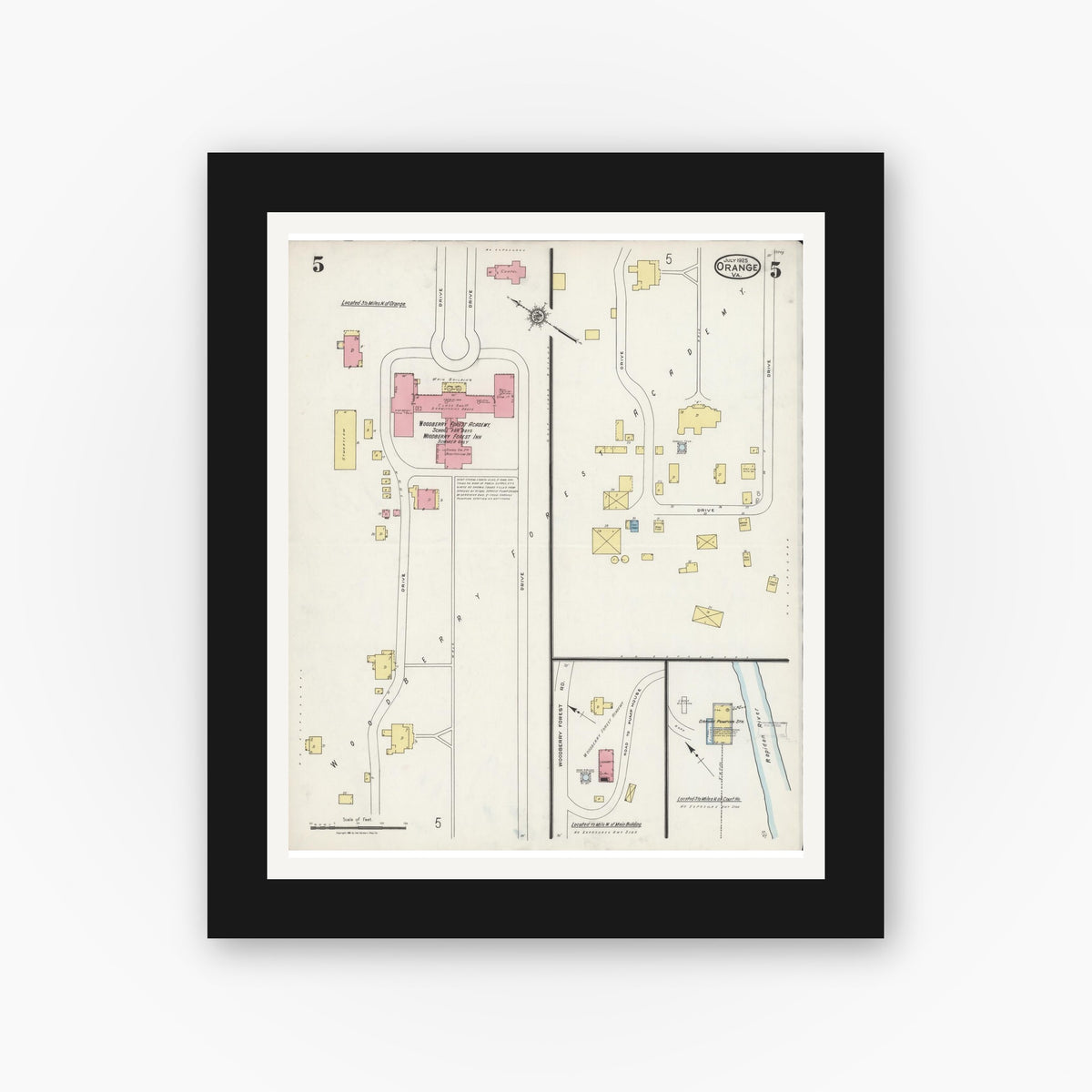 Old map wall art mockup — black gallery frame with white mat — Sanborn Fire Insurance Map from Orange, Orange County, Virginia (1925), Sheet #0005