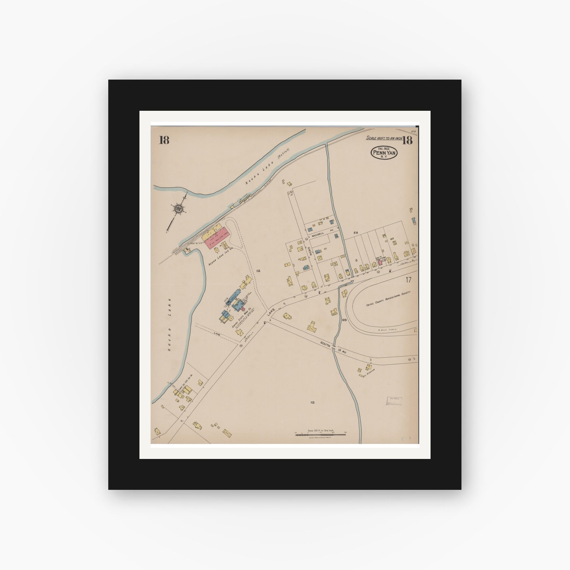 Old map wall art mockup — black gallery frame with white mat — Sanborn Fire Insurance Map from Penn Yan, Yates County, New York (1922), Sheet #0018