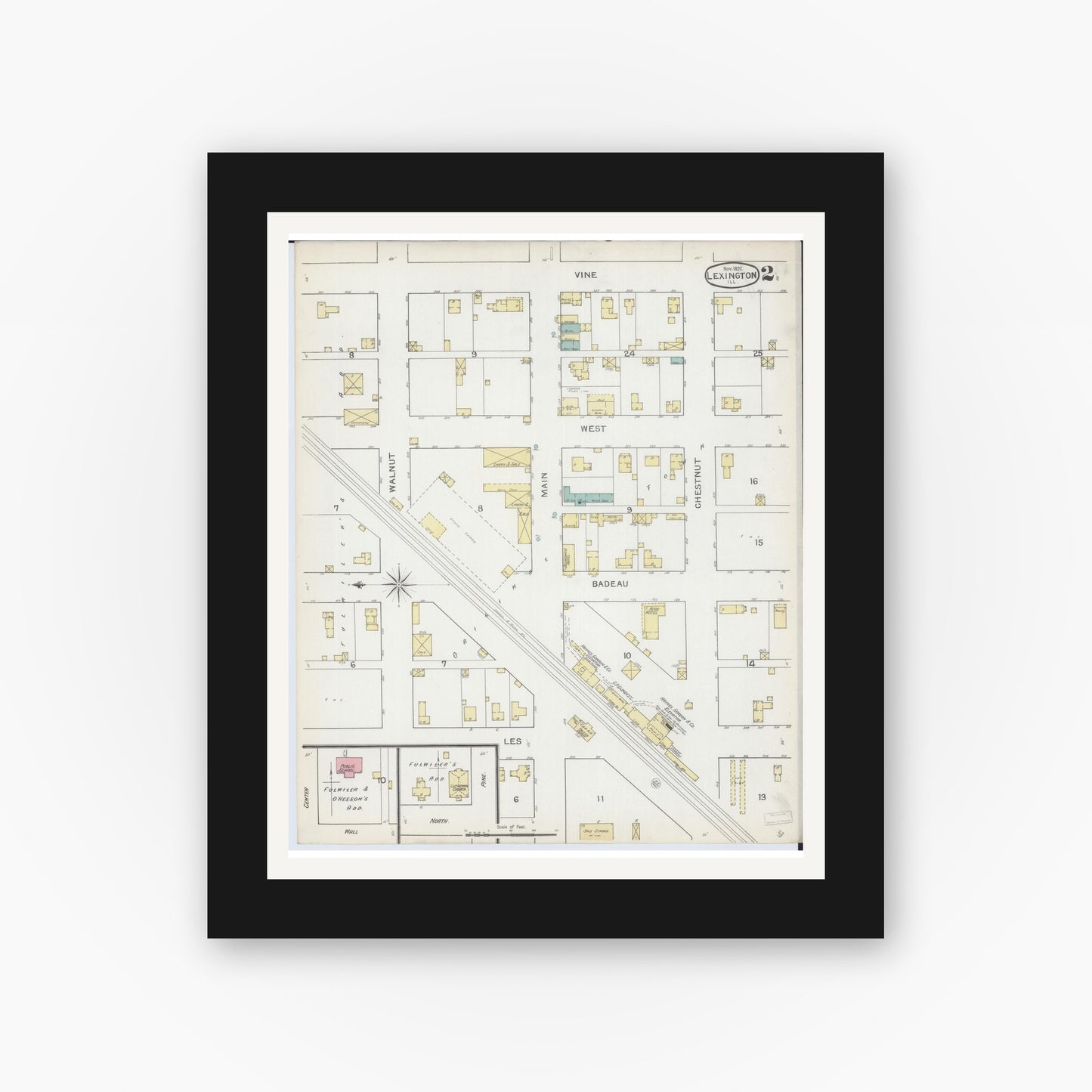 Old map wall art mockup — black gallery frame with white mat — Sanborn Fire Insurance Map from Lexington, McLean County, Illinois (1892), Sheet #0002