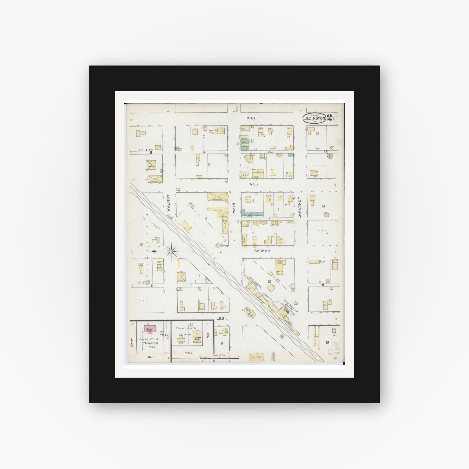 Old map wall art mockup — black gallery frame with white mat — Sanborn Fire Insurance Map from Lexington, McLean County, Illinois (1892), Sheet #0002