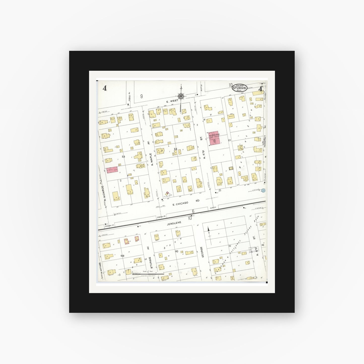 Old map wall art mockup — black gallery frame with white mat — Sanborn Fire Insurance Map from Sturgis, Saint Joseph County, Michigan (1923), Sheet #0004