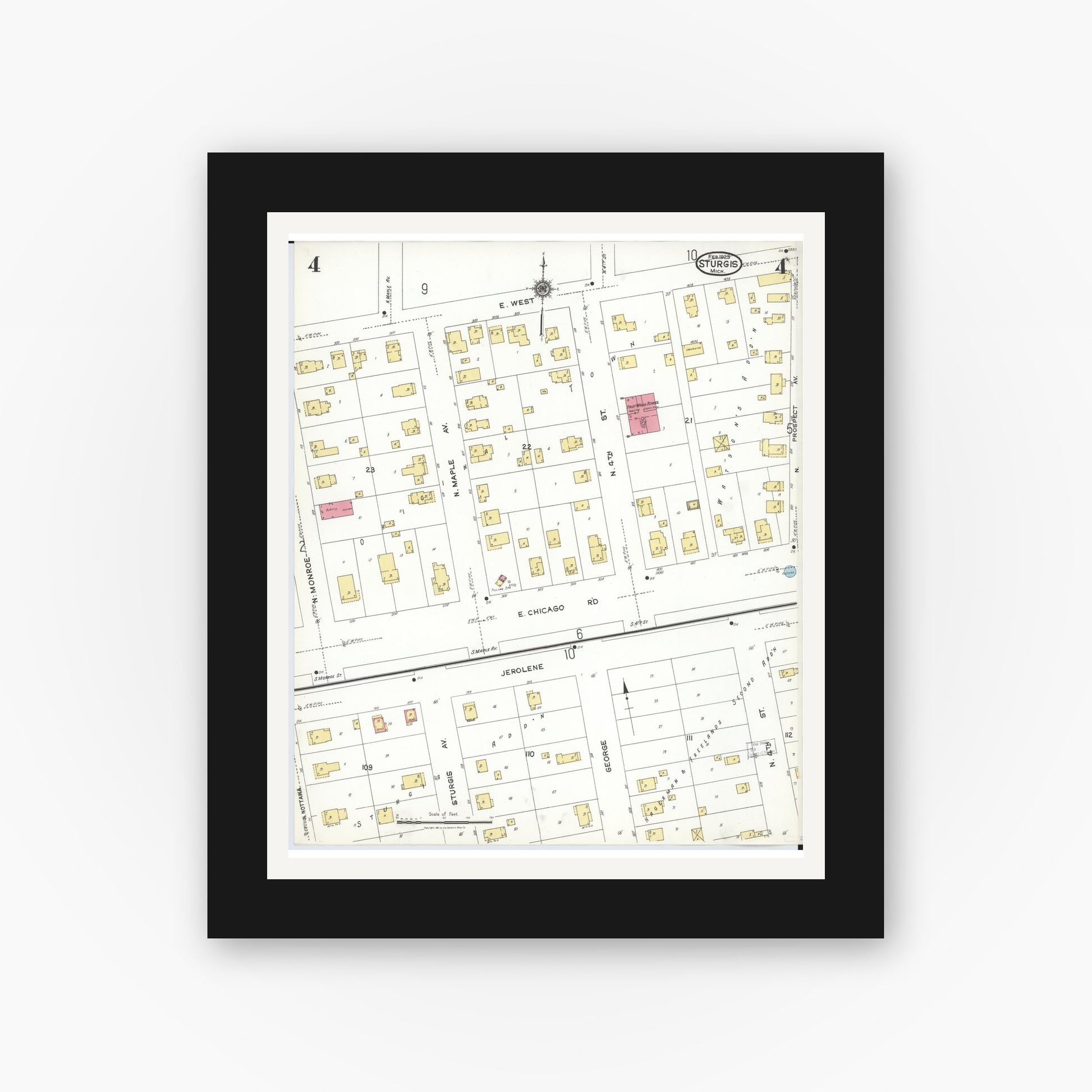 Old map wall art mockup — black gallery frame with white mat — Sanborn Fire Insurance Map from Sturgis, Saint Joseph County, Michigan (1923), Sheet #0004