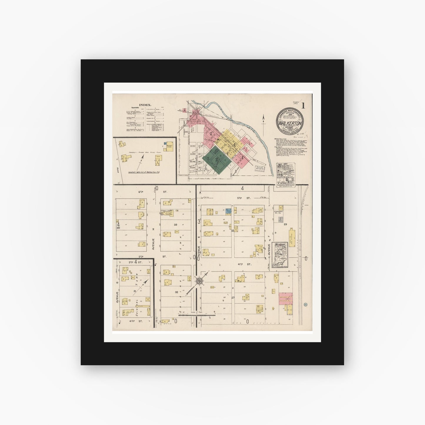 Old map wall art mockup — black gallery frame with white mat — Sanborn Fire Insurance Map from Walkerton, Saint Joseph County, Indiana (1922), Sheet #0001