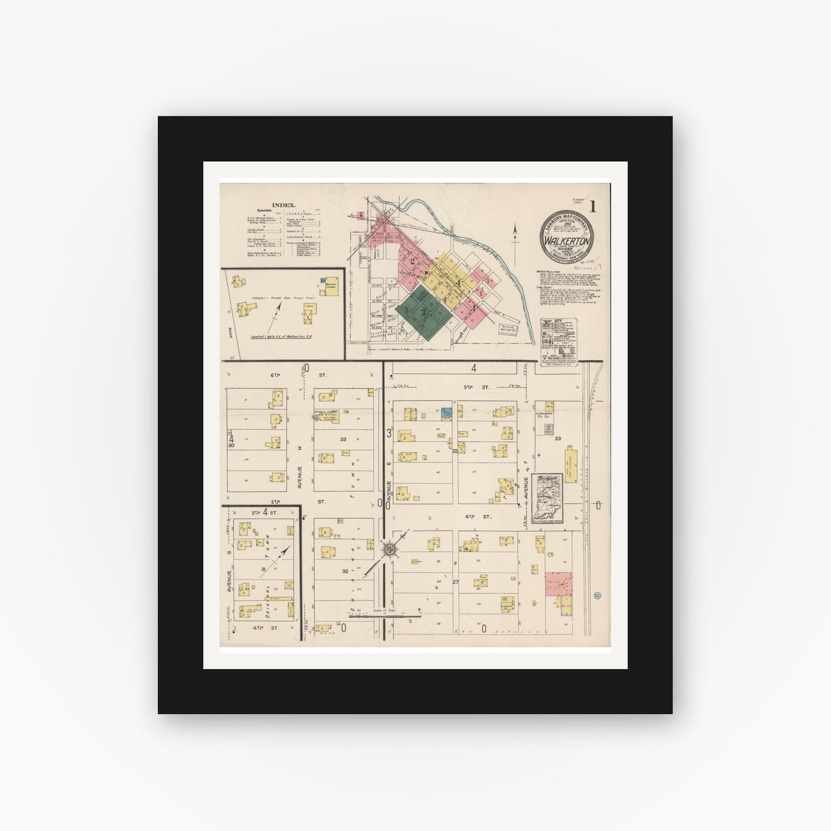 Old map wall art mockup — black gallery frame with white mat — Sanborn Fire Insurance Map from Walkerton, Saint Joseph County, Indiana (1922), Sheet #0001