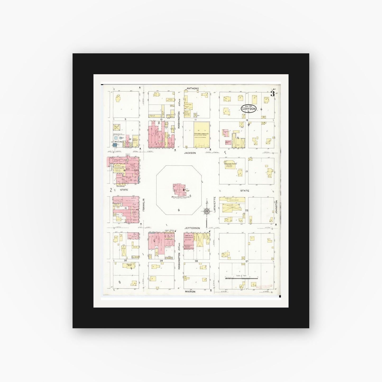 Old map wall art mockup — black gallery frame with white mat — Sanborn Fire Insurance Map from Corydon, Wayne County, Iowa (1913), Sheet #0003