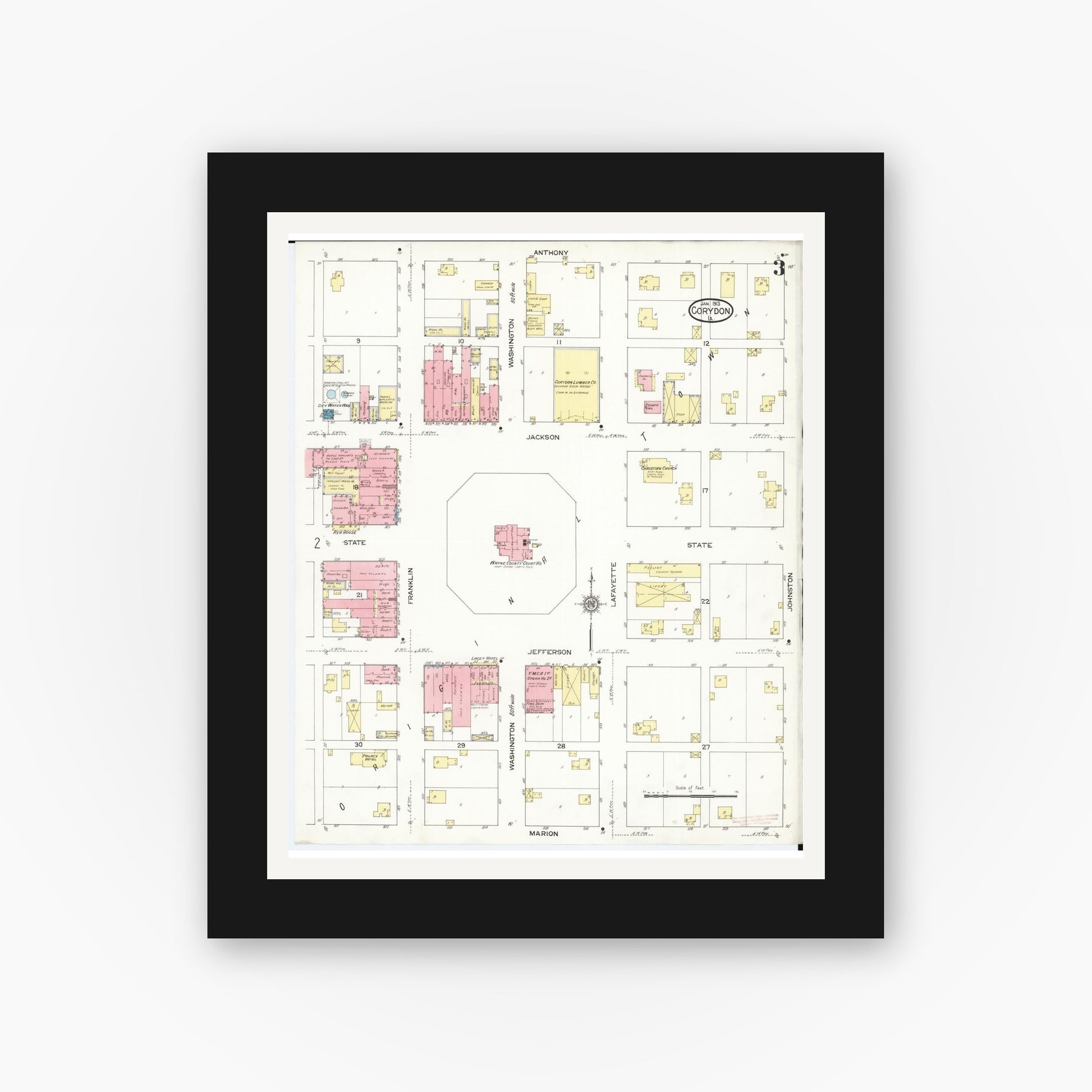 Old map wall art mockup — black gallery frame with white mat — Sanborn Fire Insurance Map from Corydon, Wayne County, Iowa (1913), Sheet #0003
