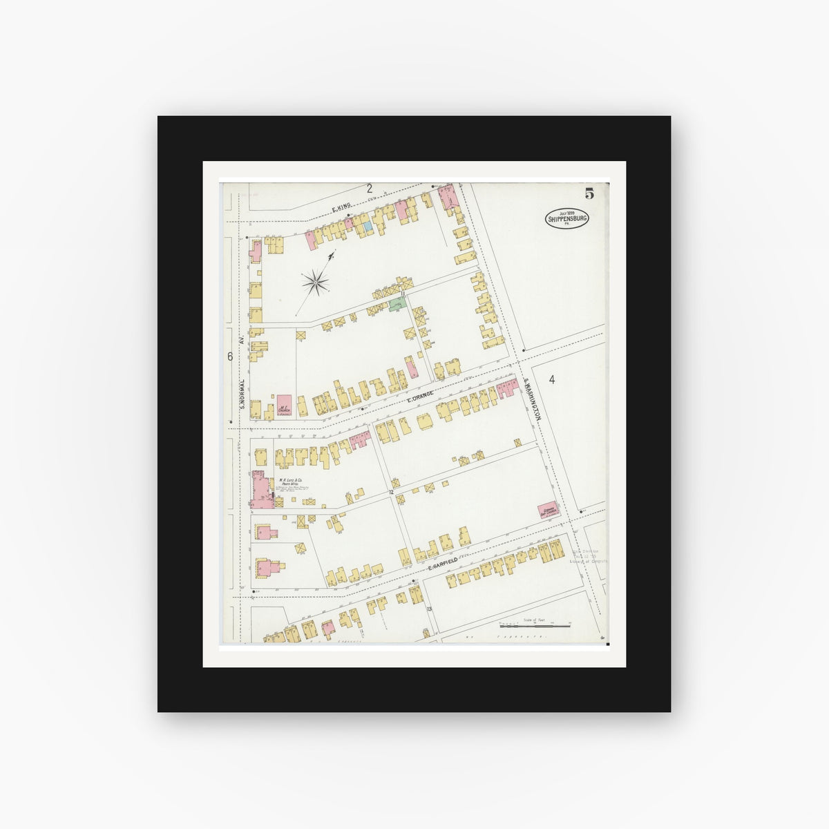 Old map wall art mockup — black gallery frame with white mat — Sanborn Fire Insurance Map from Shippensburg, Cumberland And Franklin Counties, Pennsylvania (1899), Sheet #0005