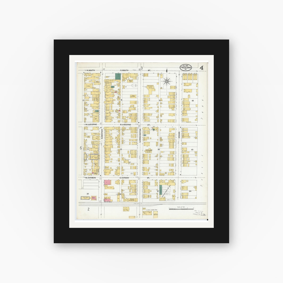 Old map wall art mockup — black gallery frame with white mat — Sanborn Fire Insurance Map from Freeland, Luzerne County, Pennsylvania (1905), Sheet #0004