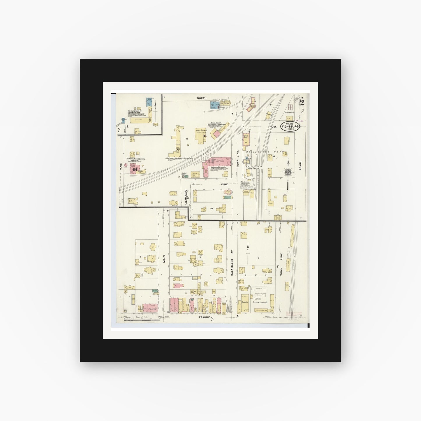 Old map wall art mockup — black gallery frame with white mat — Sanborn Fire Insurance Map from Vicksburg, Kalamazoo County, Michigan (1910), Sheet #0002