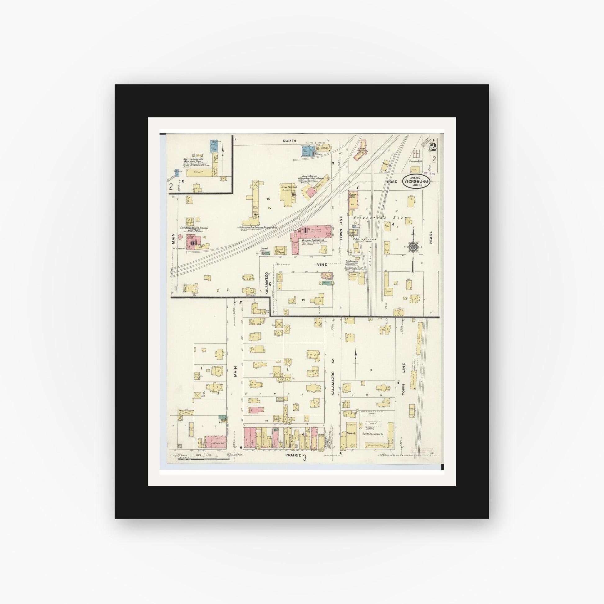 Old map wall art mockup — black gallery frame with white mat — Sanborn Fire Insurance Map from Vicksburg, Kalamazoo County, Michigan (1910), Sheet #0002