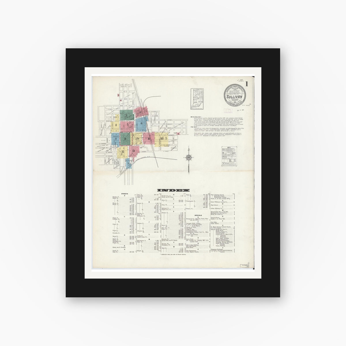 Old map wall art mockup — black gallery frame with white mat — Sanborn Fire Insurance Map from Sullivan, Sullivan County, Indiana (1913), Sheet #0001