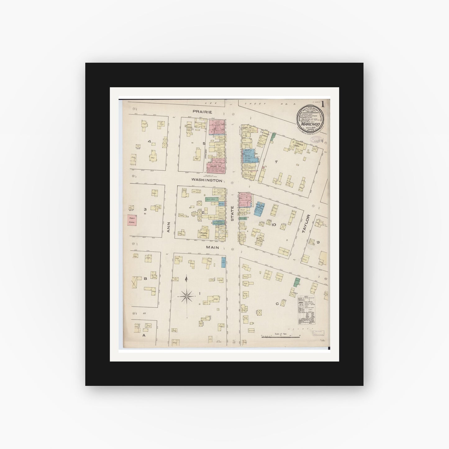 Old map wall art mockup — black gallery frame with white mat — Sanborn Fire Insurance Map from Marengo, McHenry County, Illinois (1885), Sheet #0001