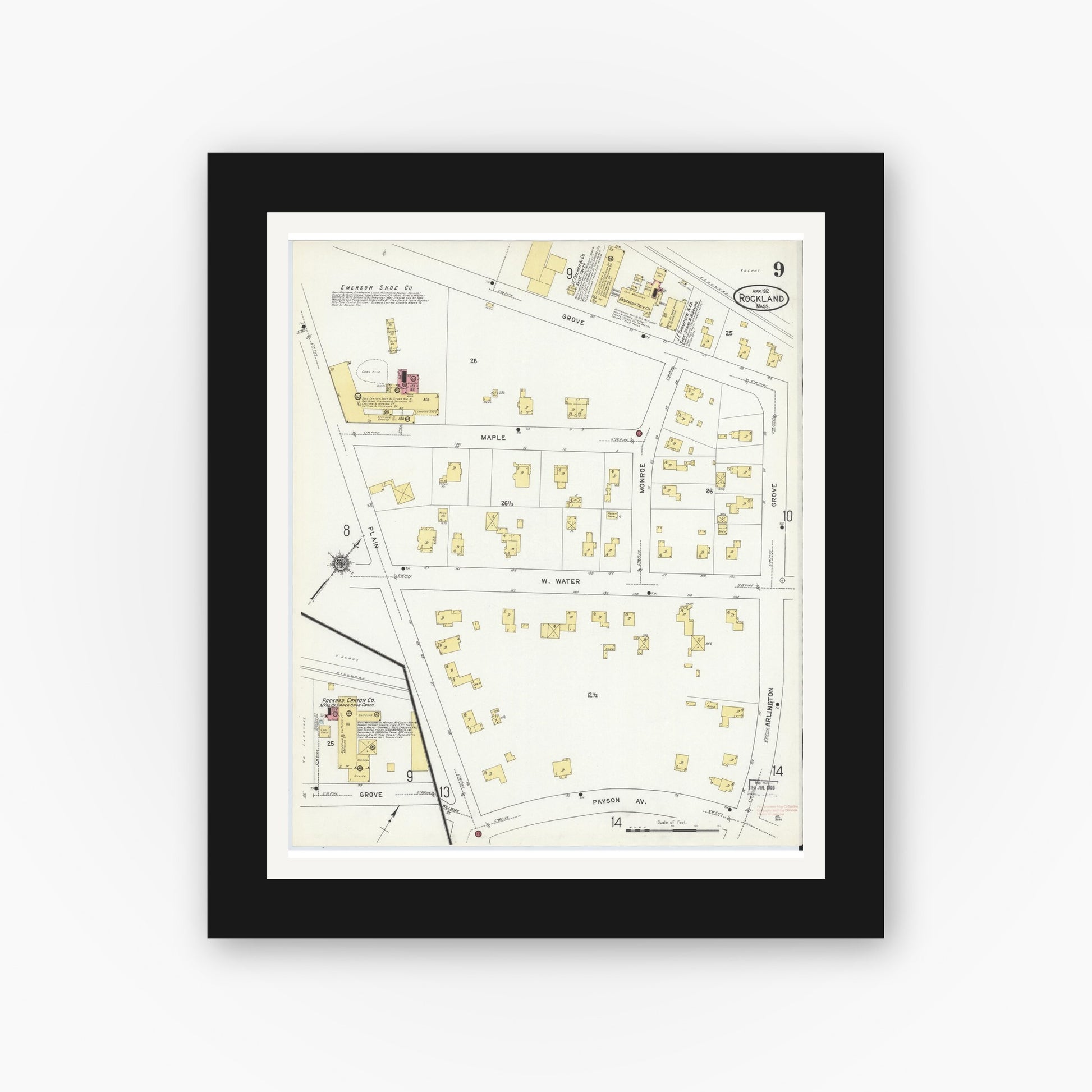 Old map wall art mockup — black gallery frame with white mat — Sanborn Fire Insurance Map from Rockland, Plymouth County, Massachusetts (1912), Sheet #0009