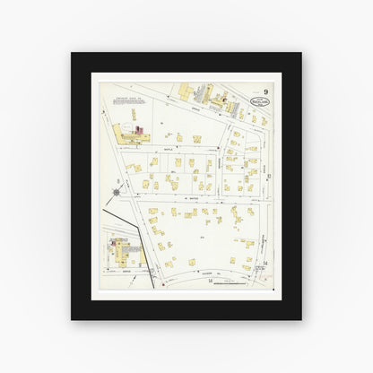 Old map wall art mockup — black gallery frame with white mat — Sanborn Fire Insurance Map from Rockland, Plymouth County, Massachusetts (1912), Sheet #0009
