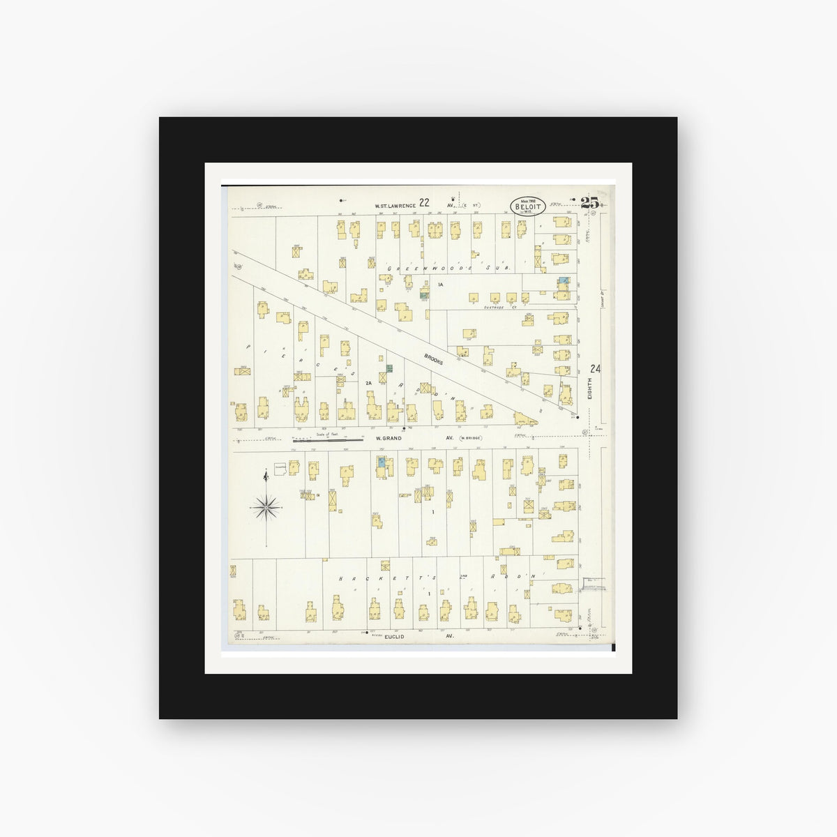 Old map wall art mockup — black gallery frame with white mat — Sanborn Fire Insurance Map from Beloit, Rock County, Wisconsin (1908), Sheet #0025