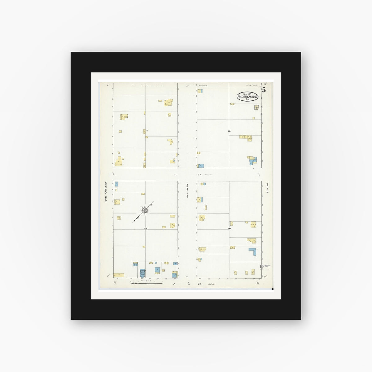Old map wall art mockup — black gallery frame with white mat — Sanborn Fire Insurance Map from Fredericksburg, Gillespie County, Texas (1915), Sheet #0005