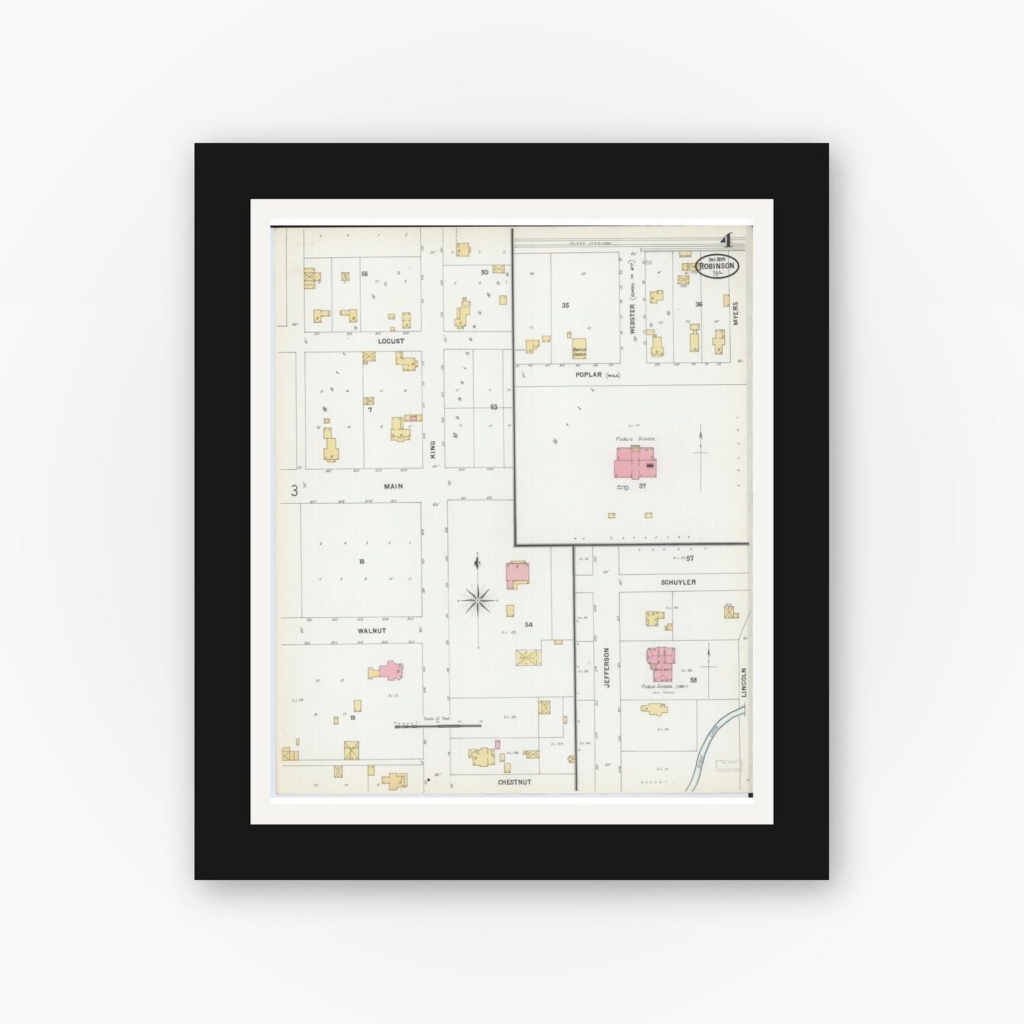 Old map wall art mockup — black gallery frame with white mat — Sanborn Fire Insurance Map from Robinson, Crawford County, Illinois (1899), Sheet #0004
