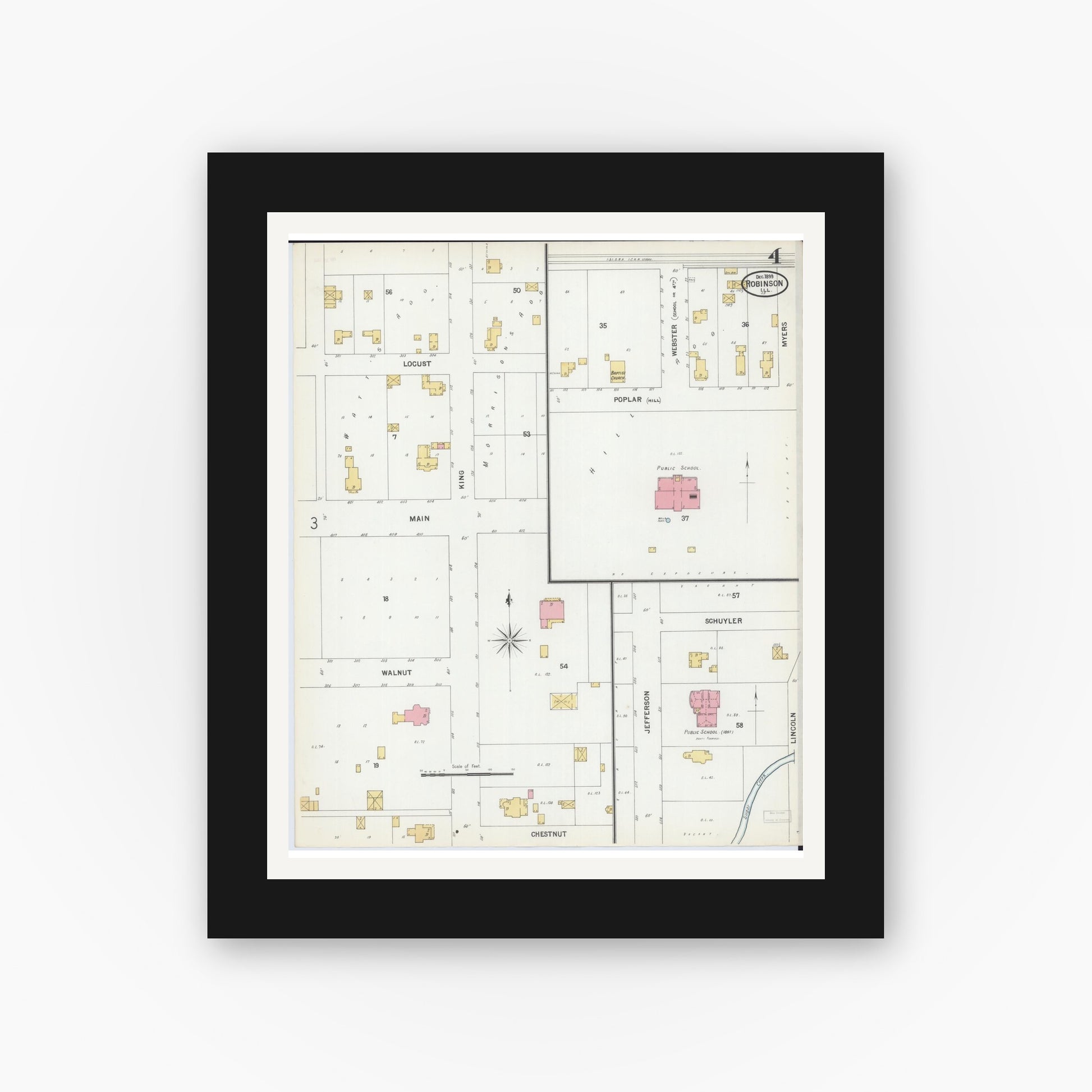 Old map wall art mockup — black gallery frame with white mat — Sanborn Fire Insurance Map from Robinson, Crawford County, Illinois (1899), Sheet #0004