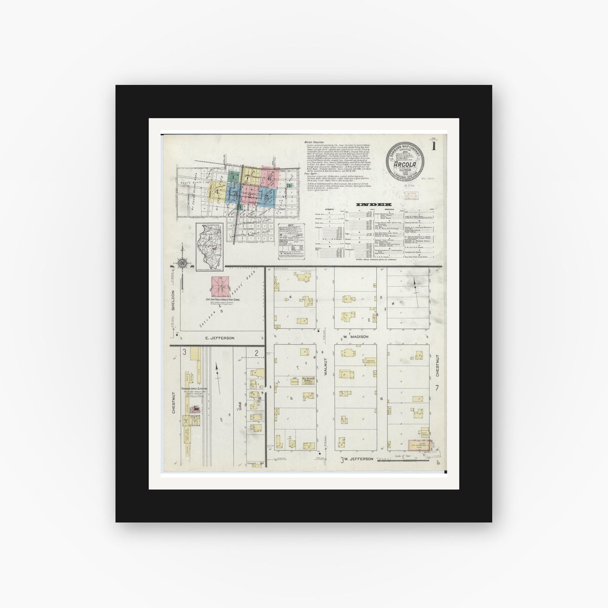 Old map wall art mockup — black gallery frame with white mat — Sanborn Fire Insurance Map from Arcola, Douglas County, Illinois (1914), Sheet #0001