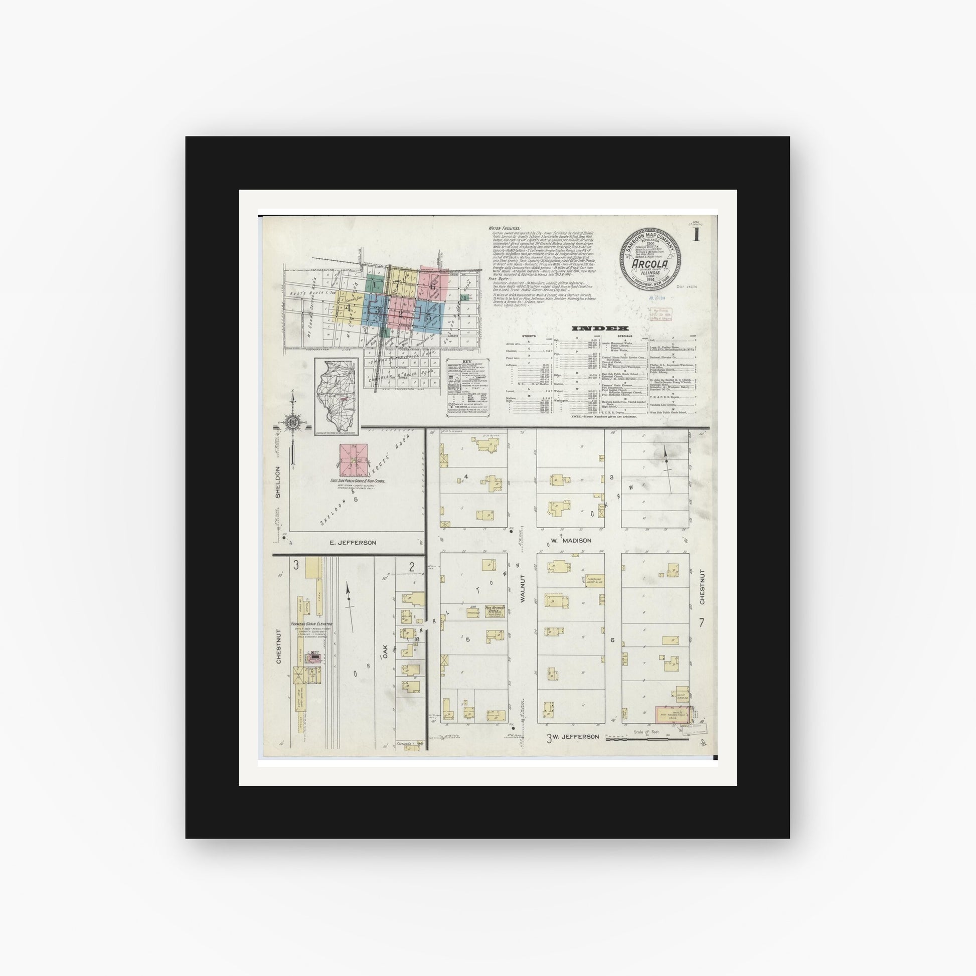 Old map wall art mockup — black gallery frame with white mat — Sanborn Fire Insurance Map from Arcola, Douglas County, Illinois (1914), Sheet #0001