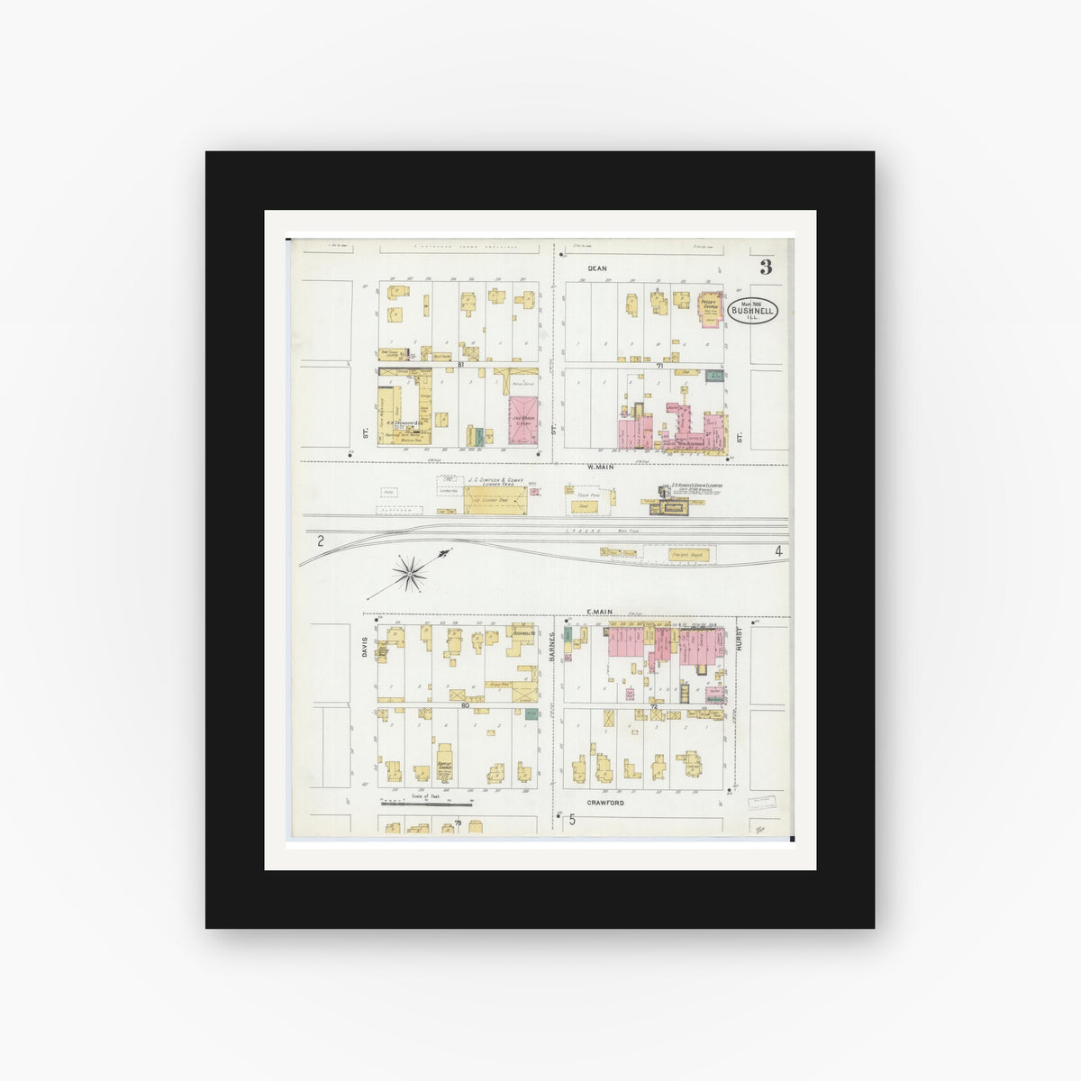 Old map wall art mockup — black gallery frame with white mat — Sanborn Fire Insurance Map from Bushnell, Mcdonough County, Illinois (1906), Sheet #0003