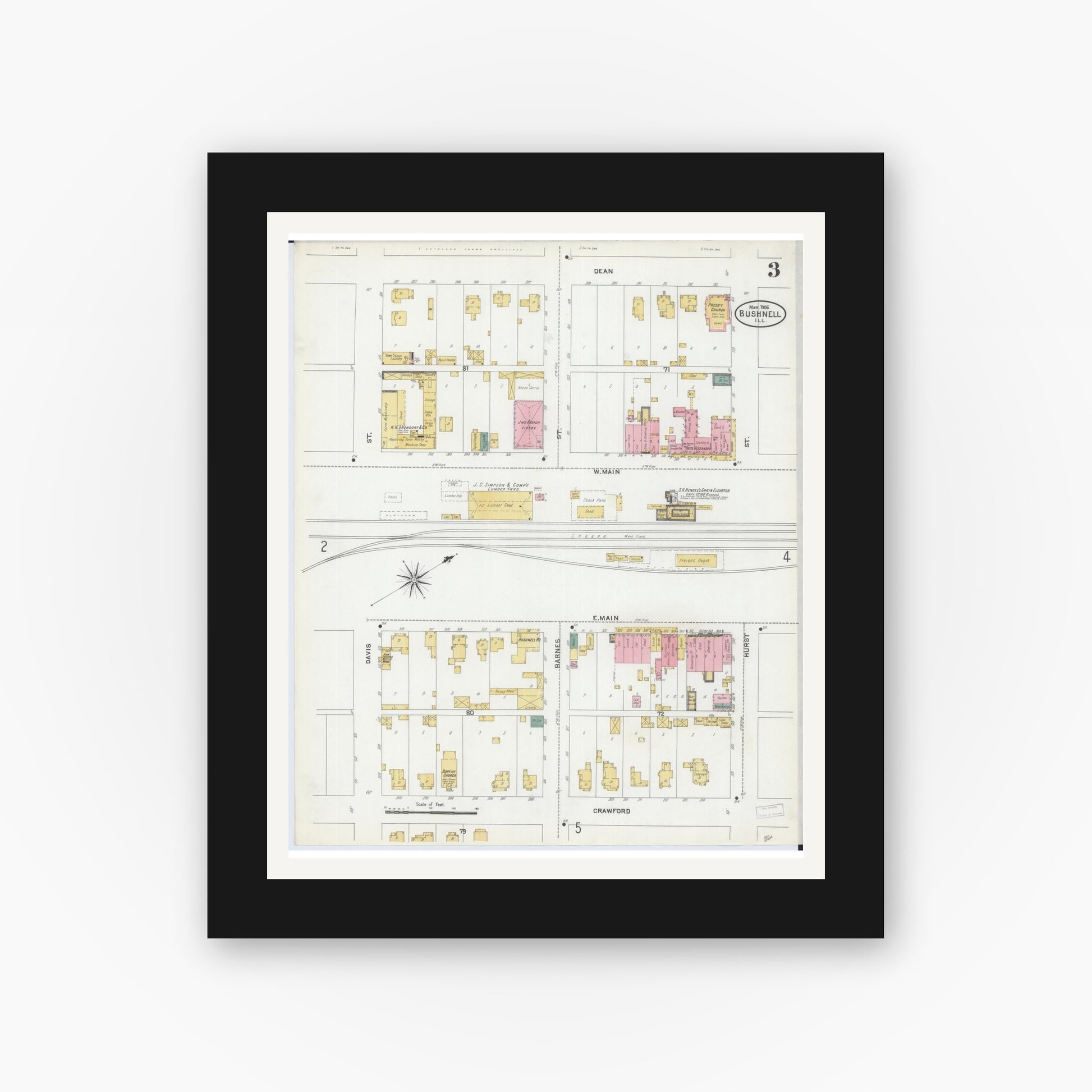 Old map wall art mockup — black gallery frame with white mat — Sanborn Fire Insurance Map from Bushnell, Mcdonough County, Illinois (1906), Sheet #0003