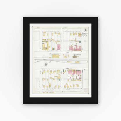 Old map wall art mockup — black gallery frame with white mat — Sanborn Fire Insurance Map from Bushnell, Mcdonough County, Illinois (1906), Sheet #0003