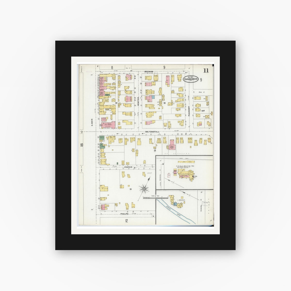 Old map wall art mockup — black gallery frame with white mat — Sanborn Fire Insurance Map from Canandaigua, Ontario County, New York (1904), Sheet #0011