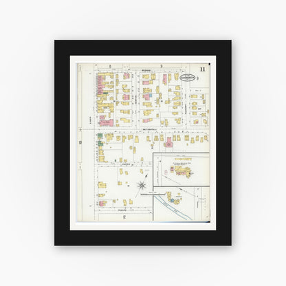 Old map wall art mockup — black gallery frame with white mat — Sanborn Fire Insurance Map from Canandaigua, Ontario County, New York (1904), Sheet #0011
