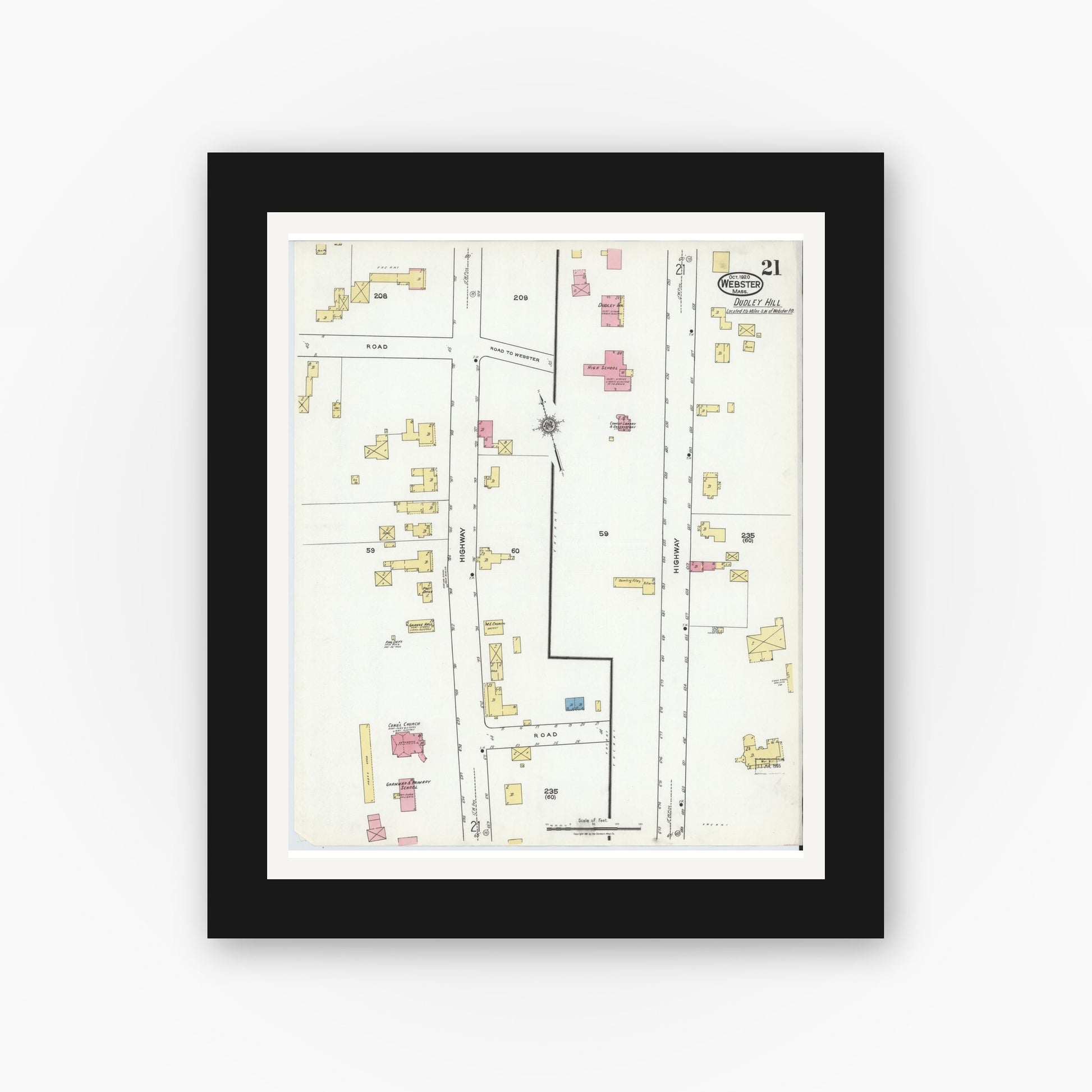 Old map wall art mockup — black gallery frame with white mat — Sanborn Fire Insurance Map from Webster, Worcester County, Massachusetts (1920), Sheet #0021