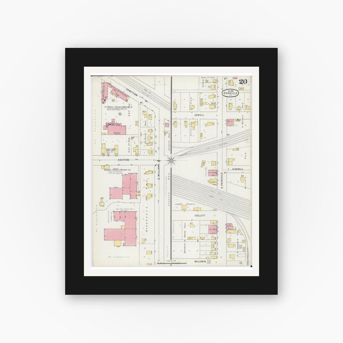 Old map wall art mockup — black gallery frame with white mat — Sanborn Fire Insurance Map from Danville, Vermilion County, Illinois (1895), Sheet #0020
