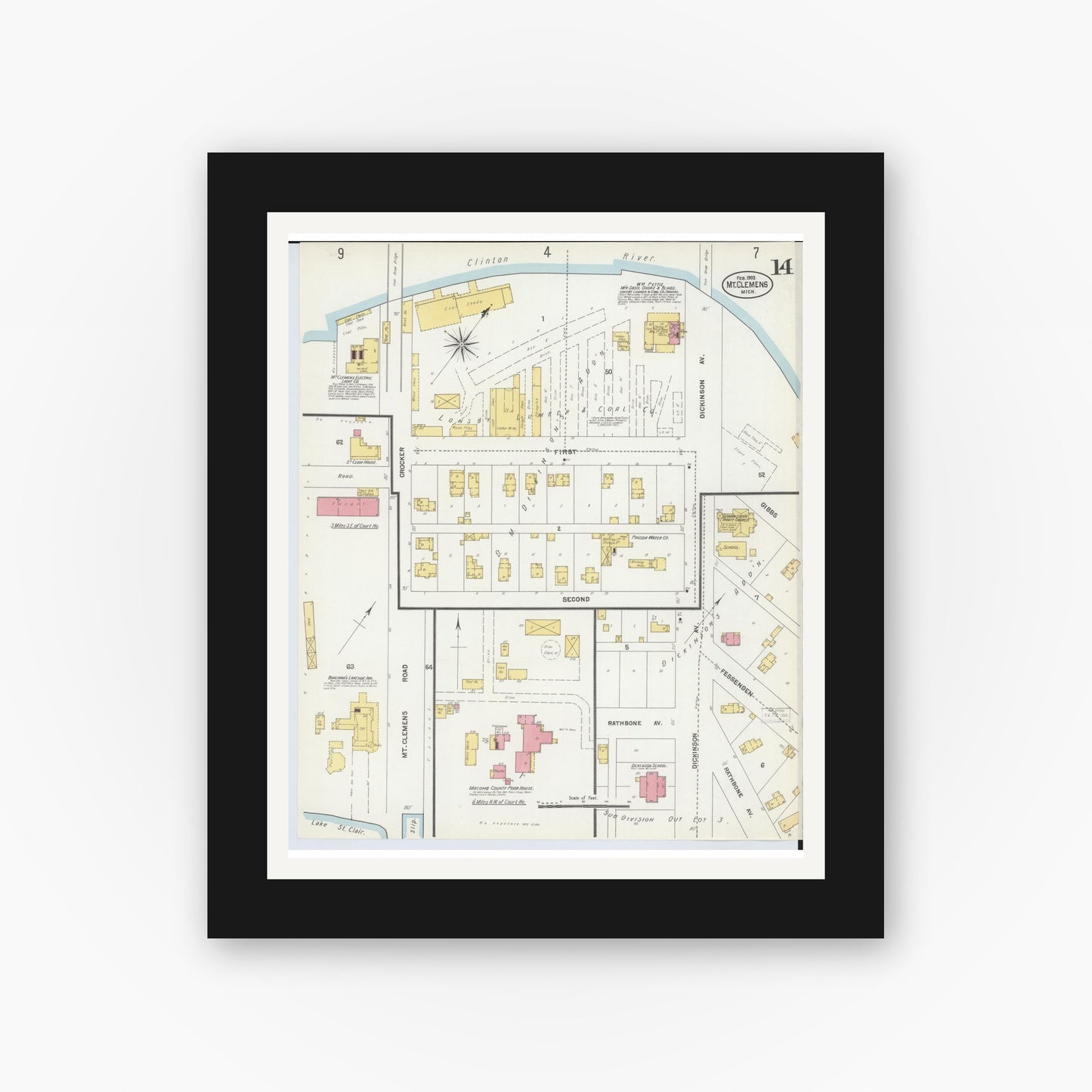 Old map wall art mockup — black gallery frame with white mat — Sanborn Fire Insurance Map from Mount Clemens, Macomb County, Michigan (1903), Sheet #0014