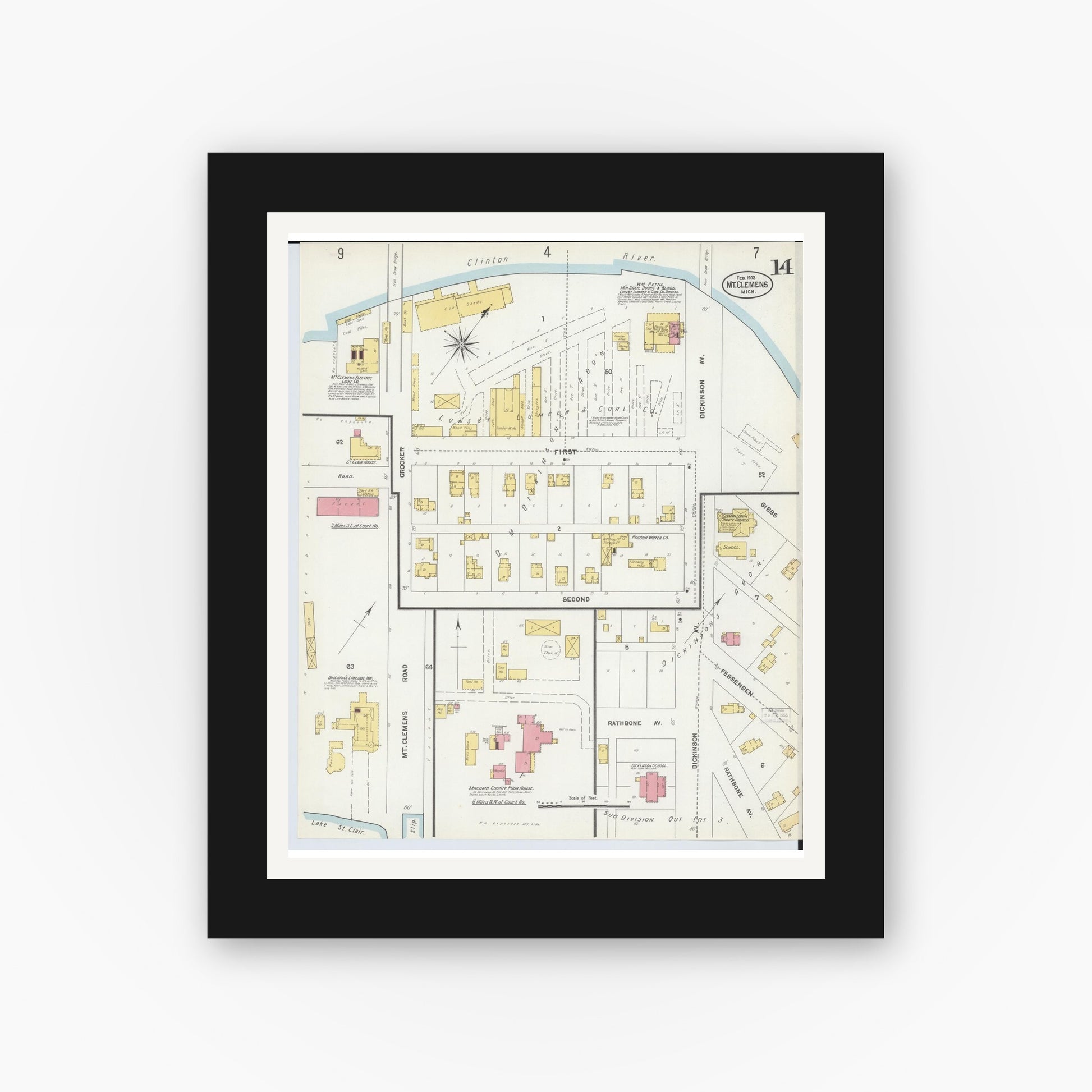 Old map wall art mockup — black gallery frame with white mat — Sanborn Fire Insurance Map from Mount Clemens, Macomb County, Michigan (1903), Sheet #0014