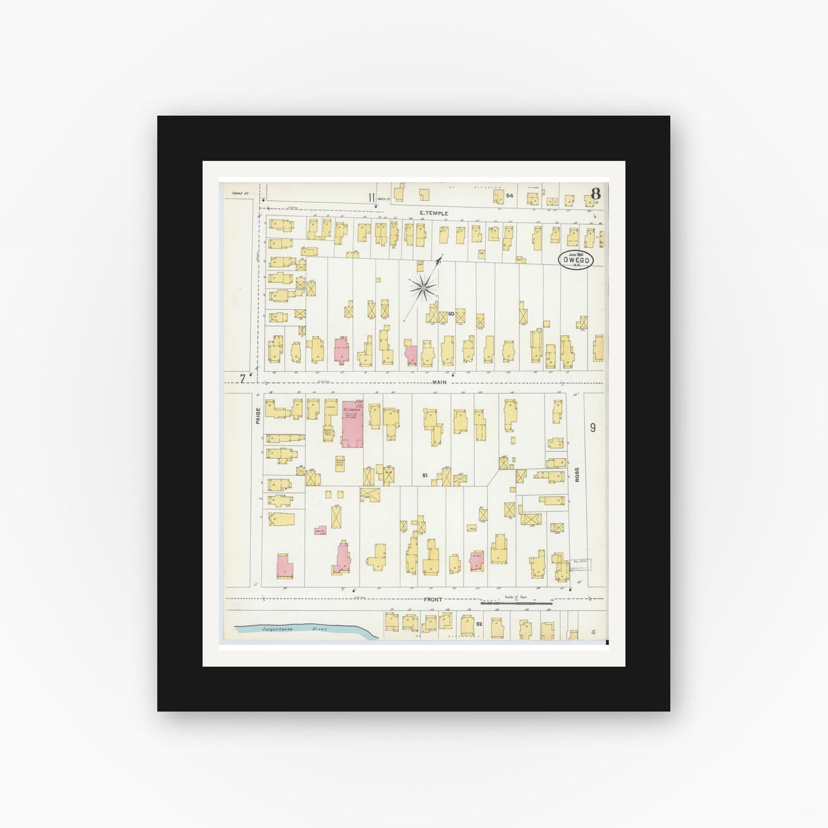 Old map wall art mockup — black gallery frame with white mat — Sanborn Fire Insurance Map from Owego, Tioga County, New York (1904), Sheet #0008