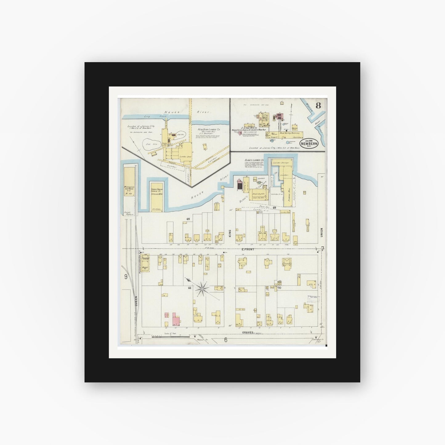 Old map wall art mockup — black gallery frame with white mat — Sanborn Fire Insurance Map from New Bern, Craven County, North Carolina (1898), Sheet #0008