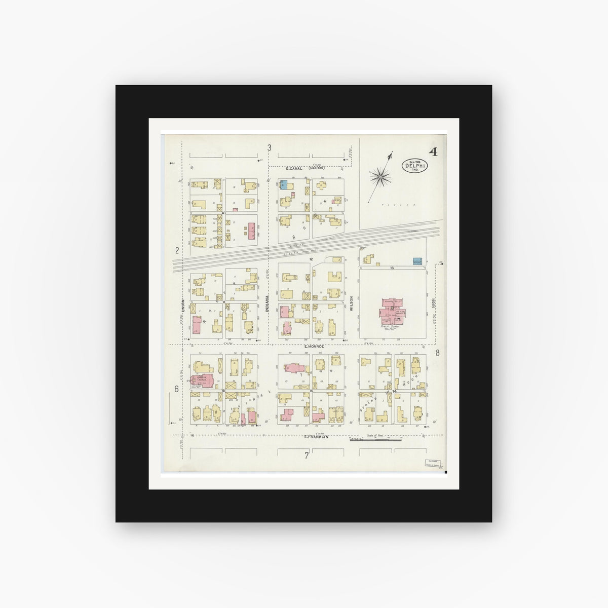 Old map wall art mockup — black gallery frame with white mat — Sanborn Fire Insurance Map from Delphi, Carroll County, Indiana (1906), Sheet #0004