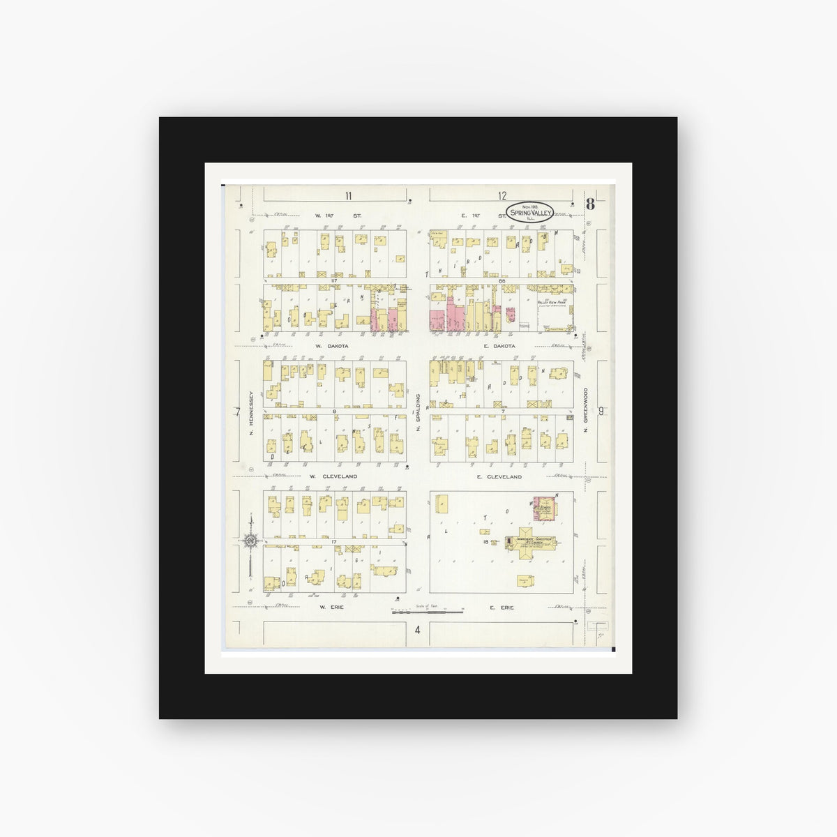 Old map wall art mockup — black gallery frame with white mat — Sanborn Fire Insurance Map from Spring Valley, Bureau County, Illinois (1913), Sheet #0008