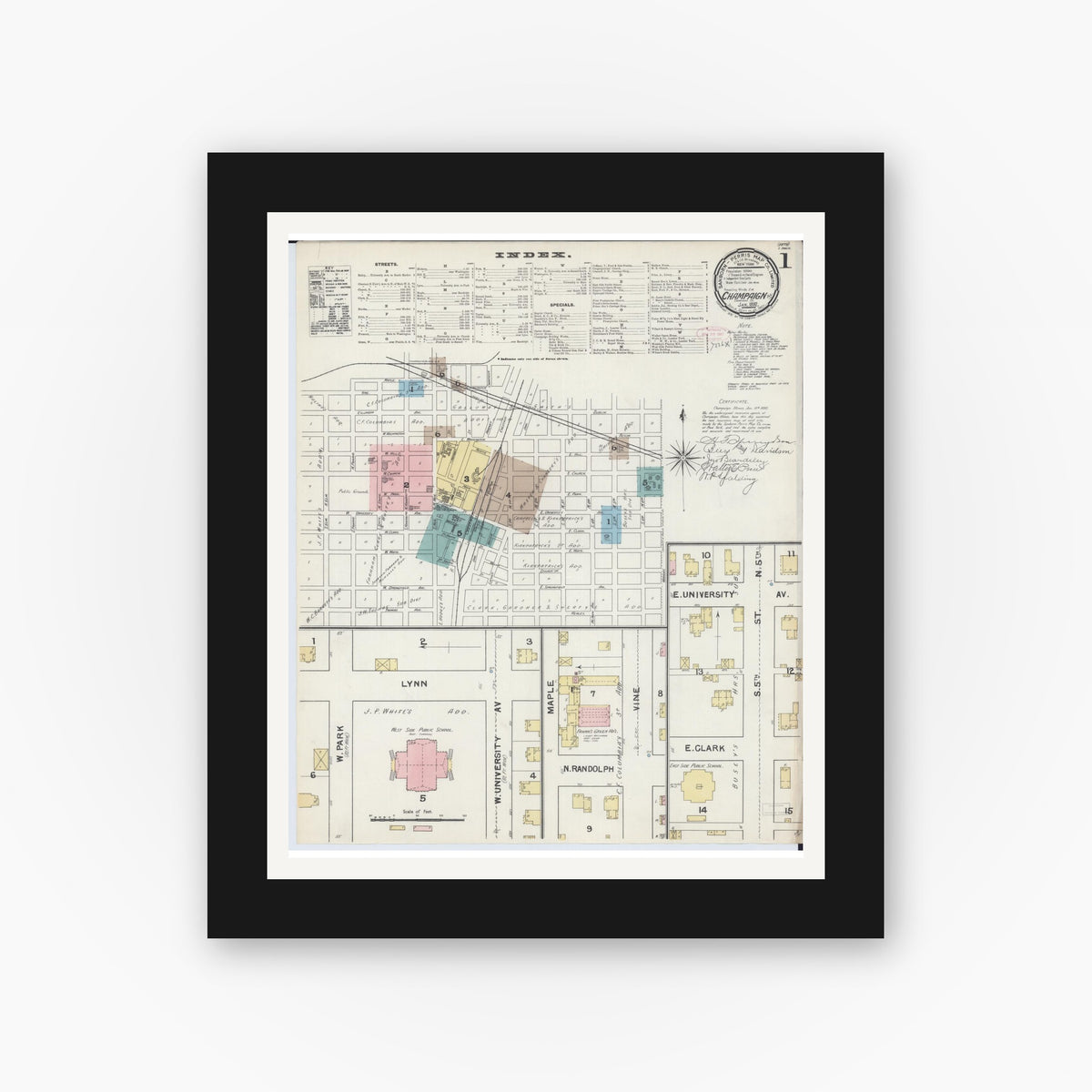 Old map wall art mockup — black gallery frame with white mat — Sanborn Fire Insurance Map from Champaign, Champaign County, Illinois (1892) - Complete Map Set