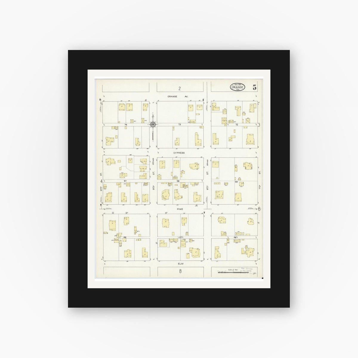 Old map wall art mockup — black gallery frame with white mat — Sanborn Fire Insurance Map from Orange, Orange County, Texas (1914), Sheet #0005