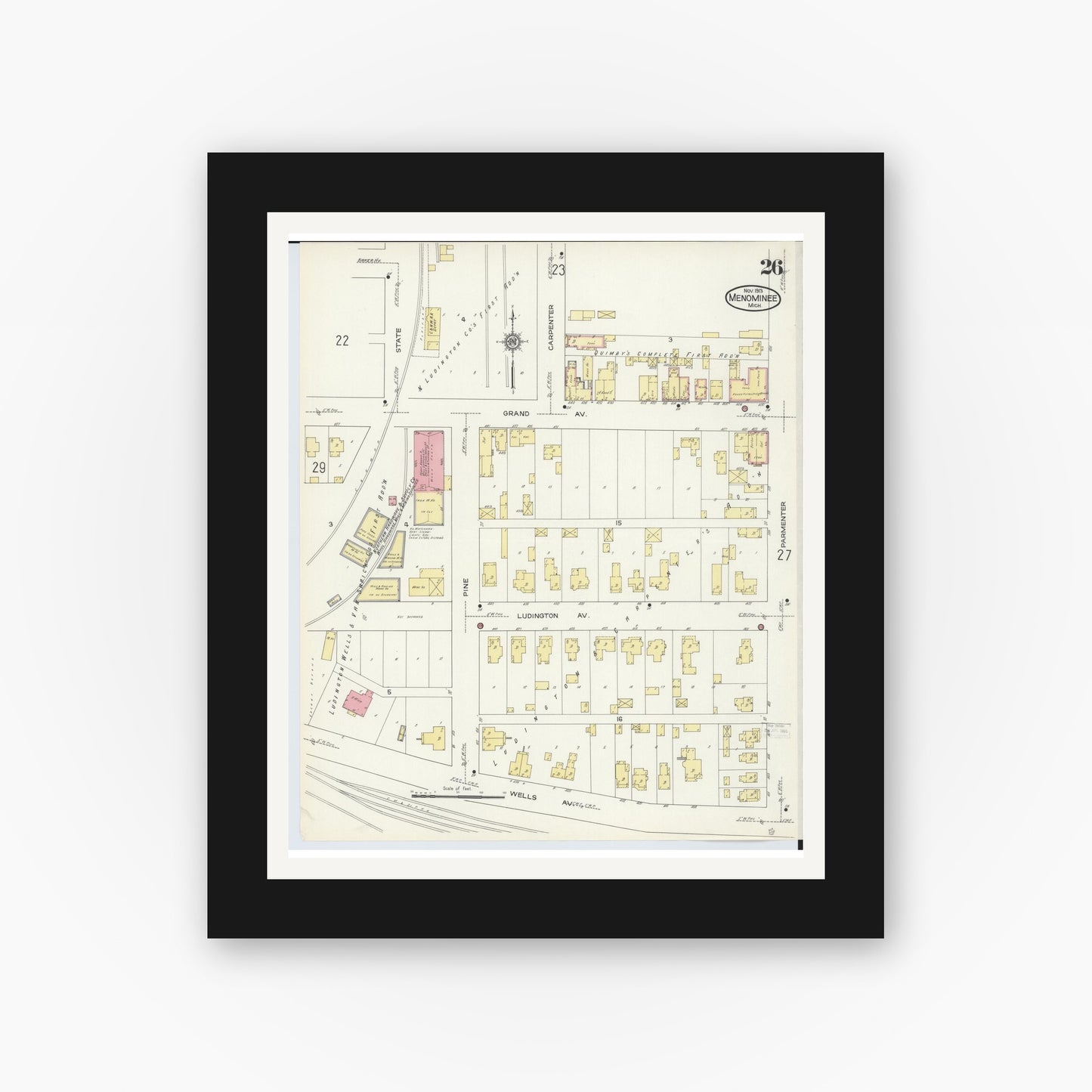 Old map wall art mockup — black gallery frame with white mat — Sanborn Fire Insurance Map from Menominee, Menominee County, Michigan (1913), Sheet #0026