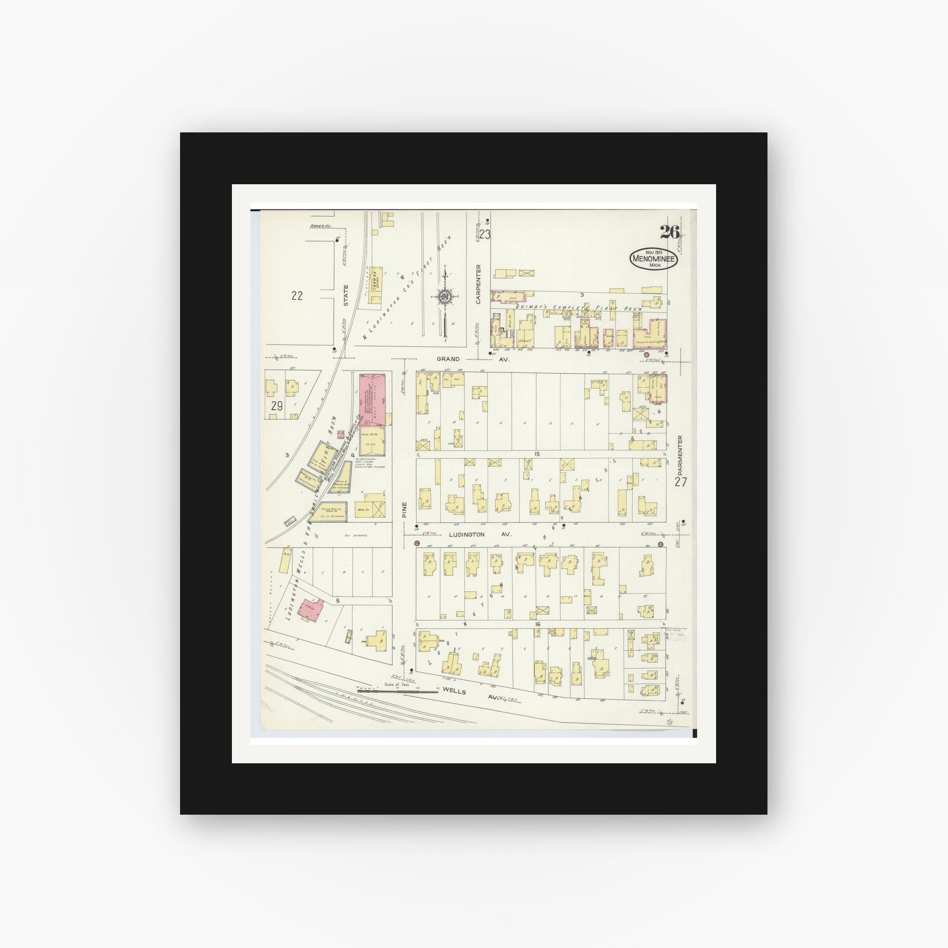 Old map wall art mockup — black gallery frame with white mat — Sanborn Fire Insurance Map from Menominee, Menominee County, Michigan (1913), Sheet #0026