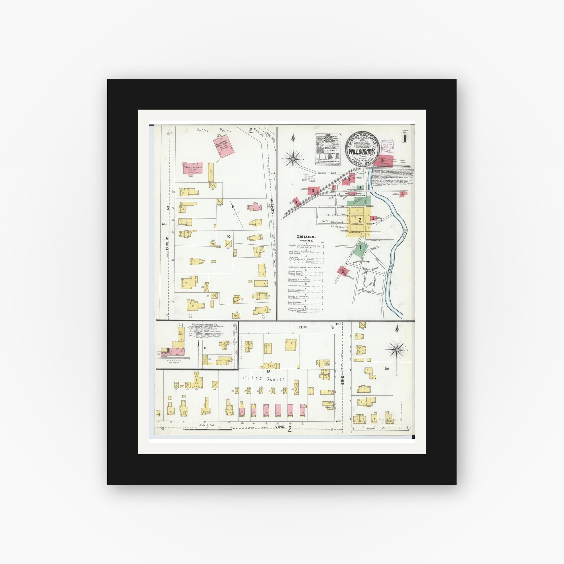 Old map wall art mockup — black gallery frame with white mat — Sanborn Fire Insurance Map from Willoughby, Lake County, Ohio (1904) - Complete Map Set