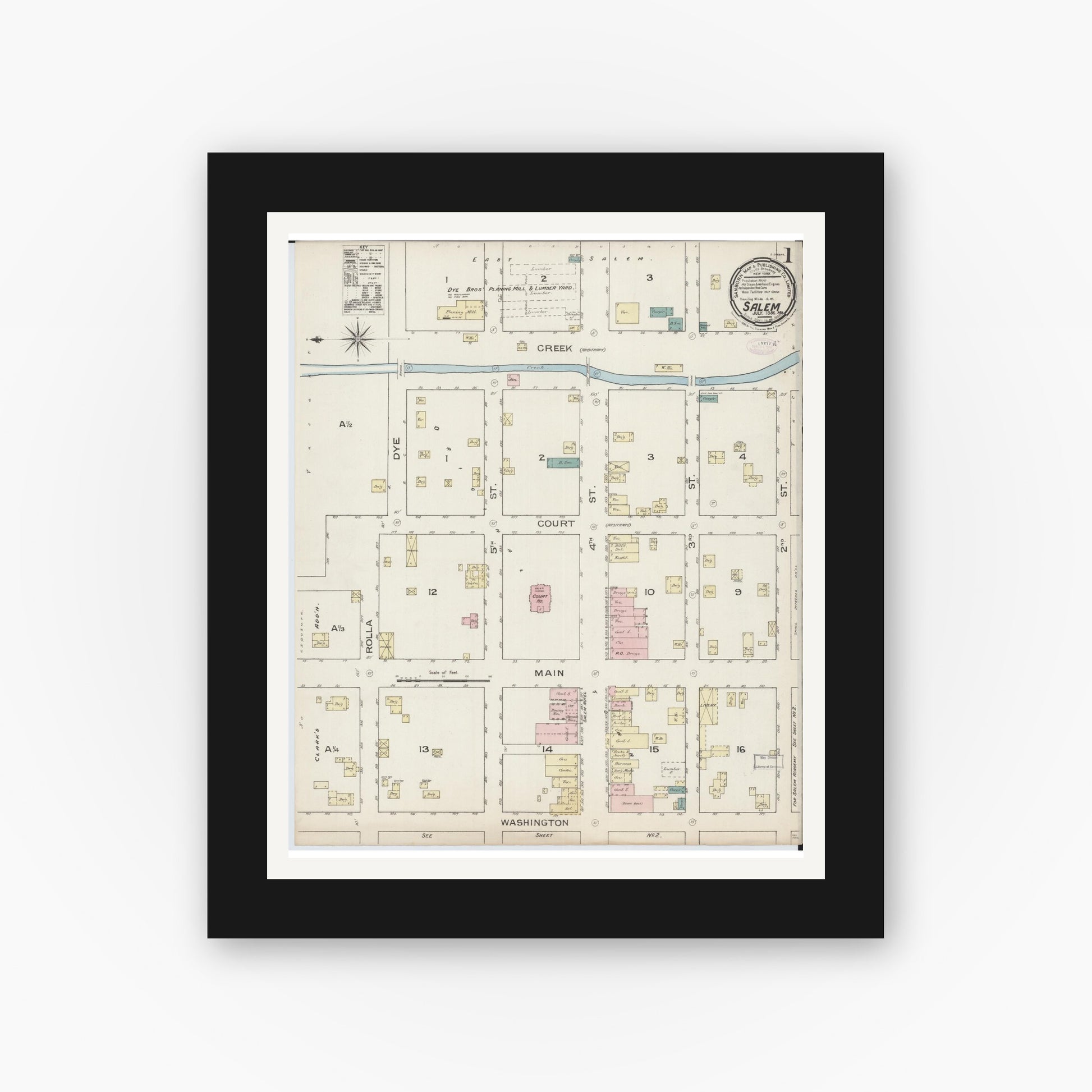 Old map wall art mockup — black gallery frame with white mat — Sanborn Fire Insurance Map from Salem, Dent County, Missouri (1886) - Complete Map Set